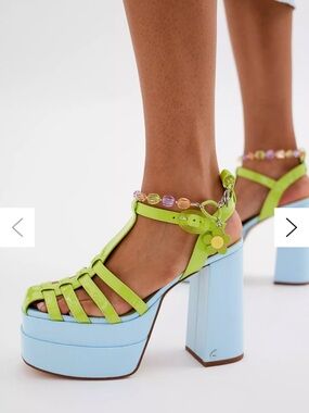 Women’s Lime Green Platform Sandals with Blue Block Heel